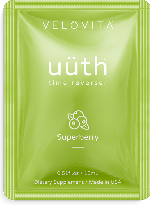 Uuth--staying young part of health trifecta packaged in  a green snap packet