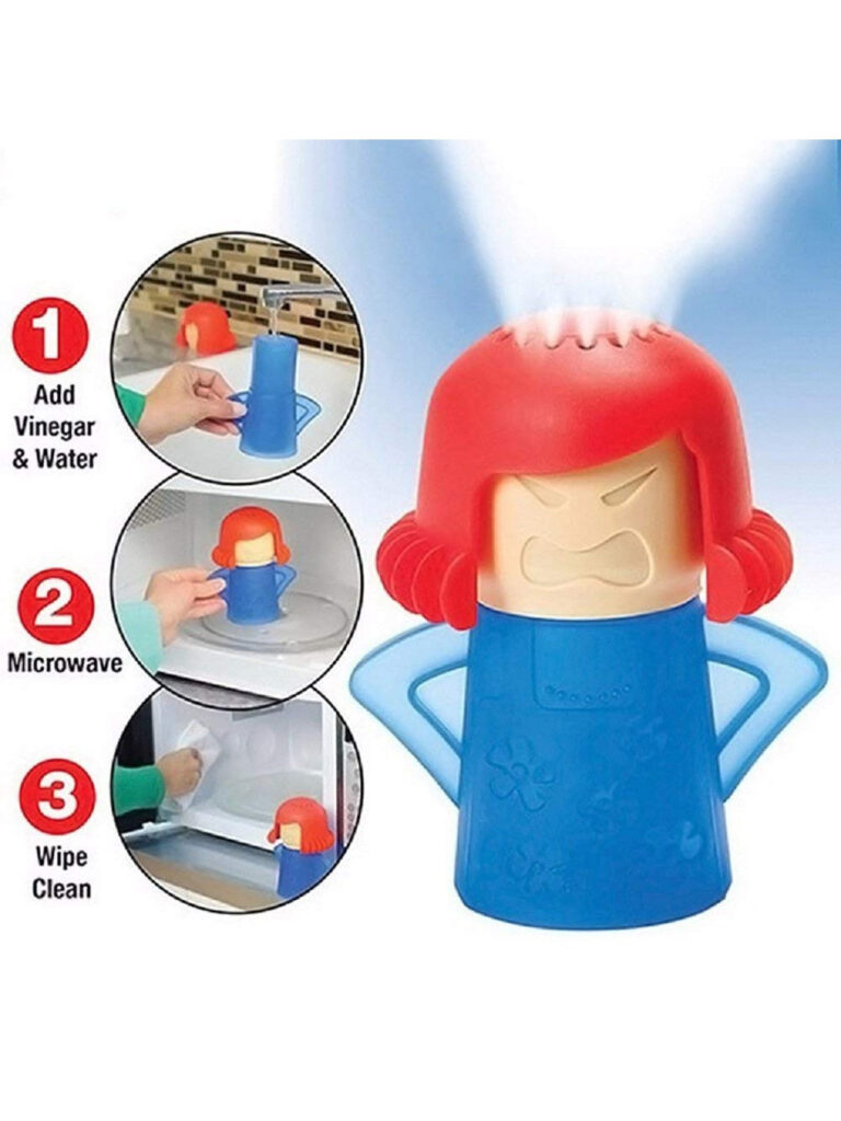 Kitchen Gadgets. Pictured is a small red headed figurine of a woman.  With 3 steps shown how this figurine makes cleaning a microwave a breeze