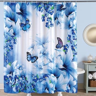 home and garden decor with butterfly shower curtain in blue color scheme