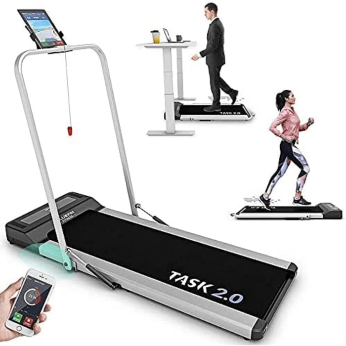 Home Gym Fitness Equipment, here is a compact treadmill that can be stored in small areas, even under your work desk, here shows a men and a women working out on the treadmills