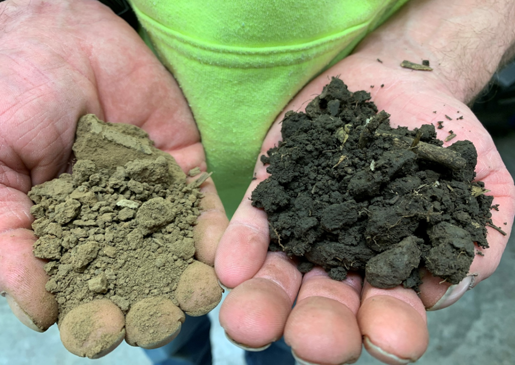 Nutrient Dense Beef shows what conventional agriculture soil looks like on the left which lacks organic materials vs. regenerative agriculture soils showing dark almost humus like soil from the same area.