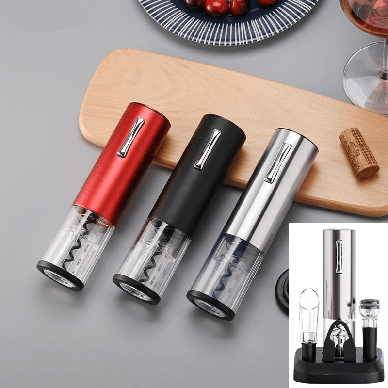 Unique Wine Accessories. Here you see 3 electric wine bottle openers that come in red, black, or silver. Also depicted in the bottom corner a set include open, areaed pourer,