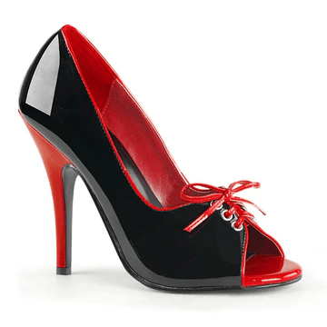 women's High heel sexy shoe that is two toned, mainly black but also red showing on the heel part and toe area